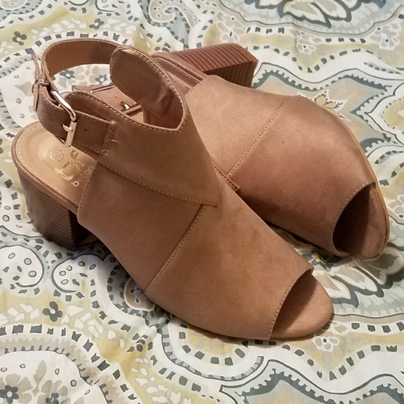 Tan Vegan Suede Peep Toe Block Heel Booties - Picture 2 of 4